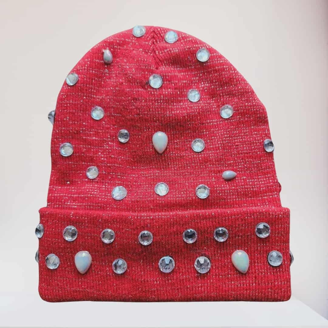 Rhinestone Gemstone Beanie Hat – Sparkle Skull Cap (Black or Red