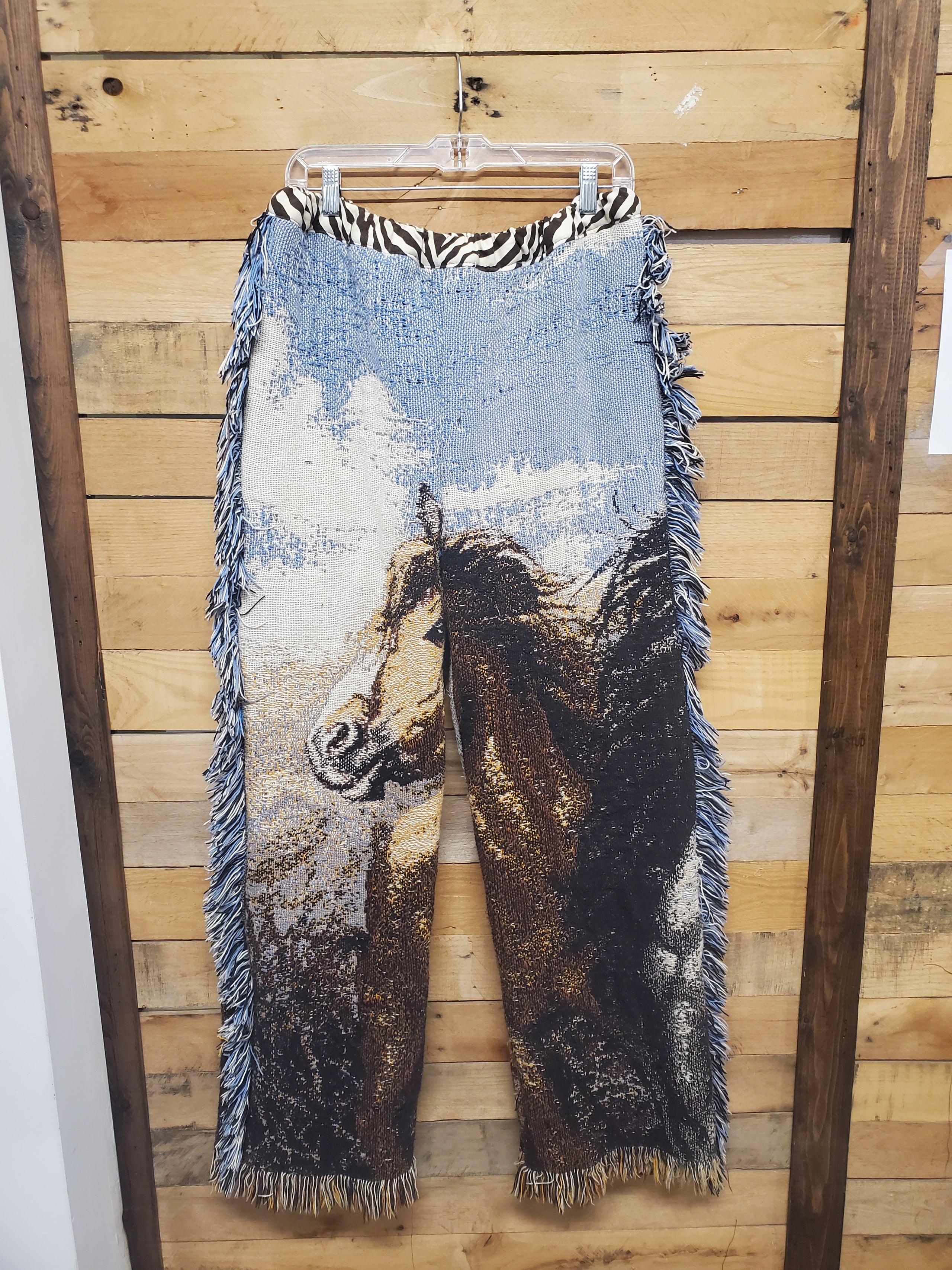 Upcycled Blanket Pants with Fringe Detail Horse Themed Dru
