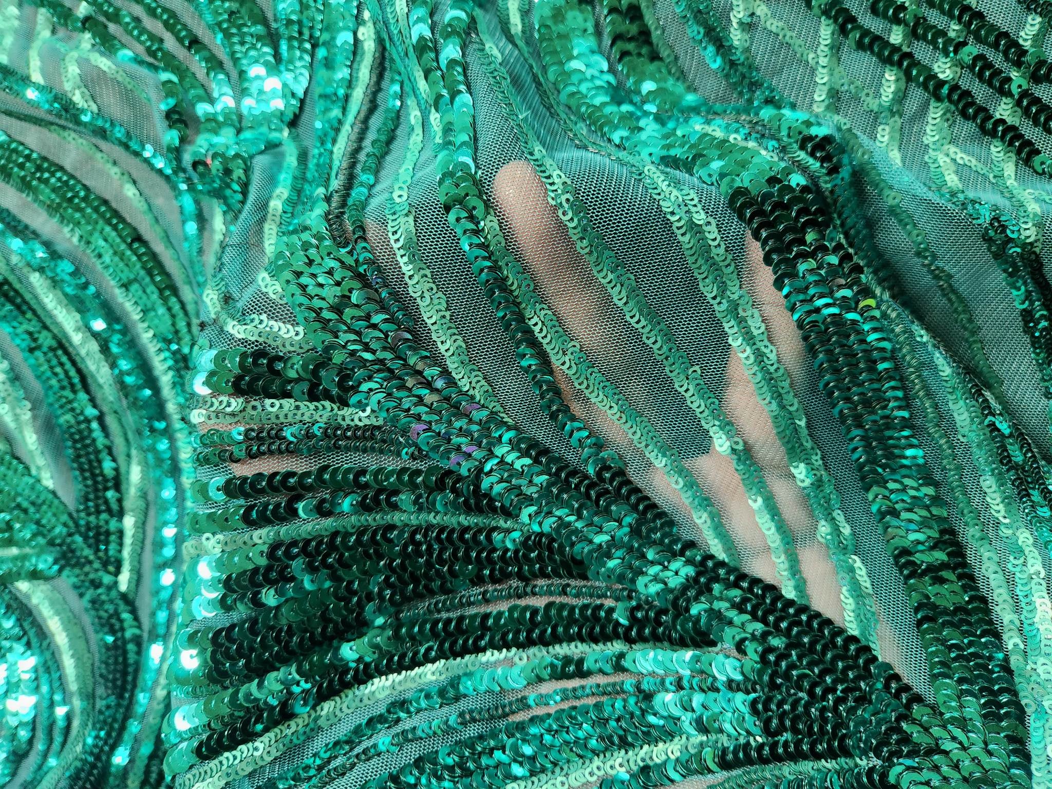 Teal Green Embellished 4 Way Stretch Sequins Lace Mesh Fabric